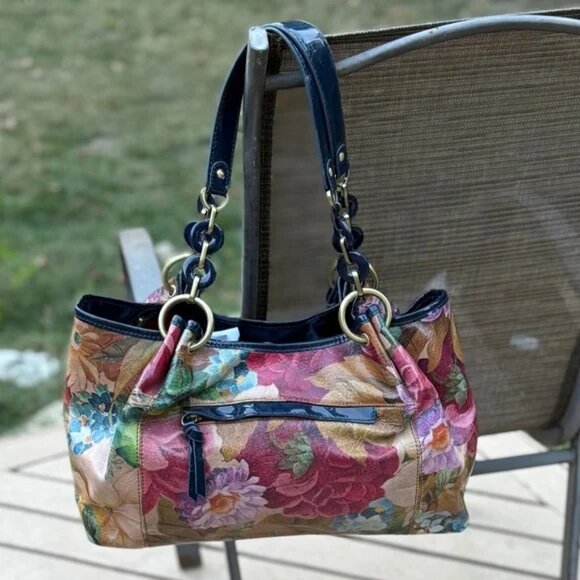 Sharif Floral Floral Shoulder Bag with Black  Patent Trim - EUC - Picture 4 of 11